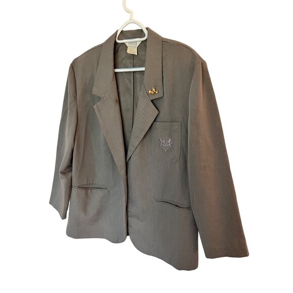 VINTAGE Sellecca Womens Light Gray Blazer Jacket with Embroidered Crest SZ 12P - Picture 3 of 9